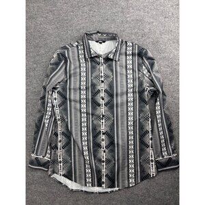 Ouku Button Up Shirt Men's Large Gray White Aztec Geometric Stripe Long Sleeve